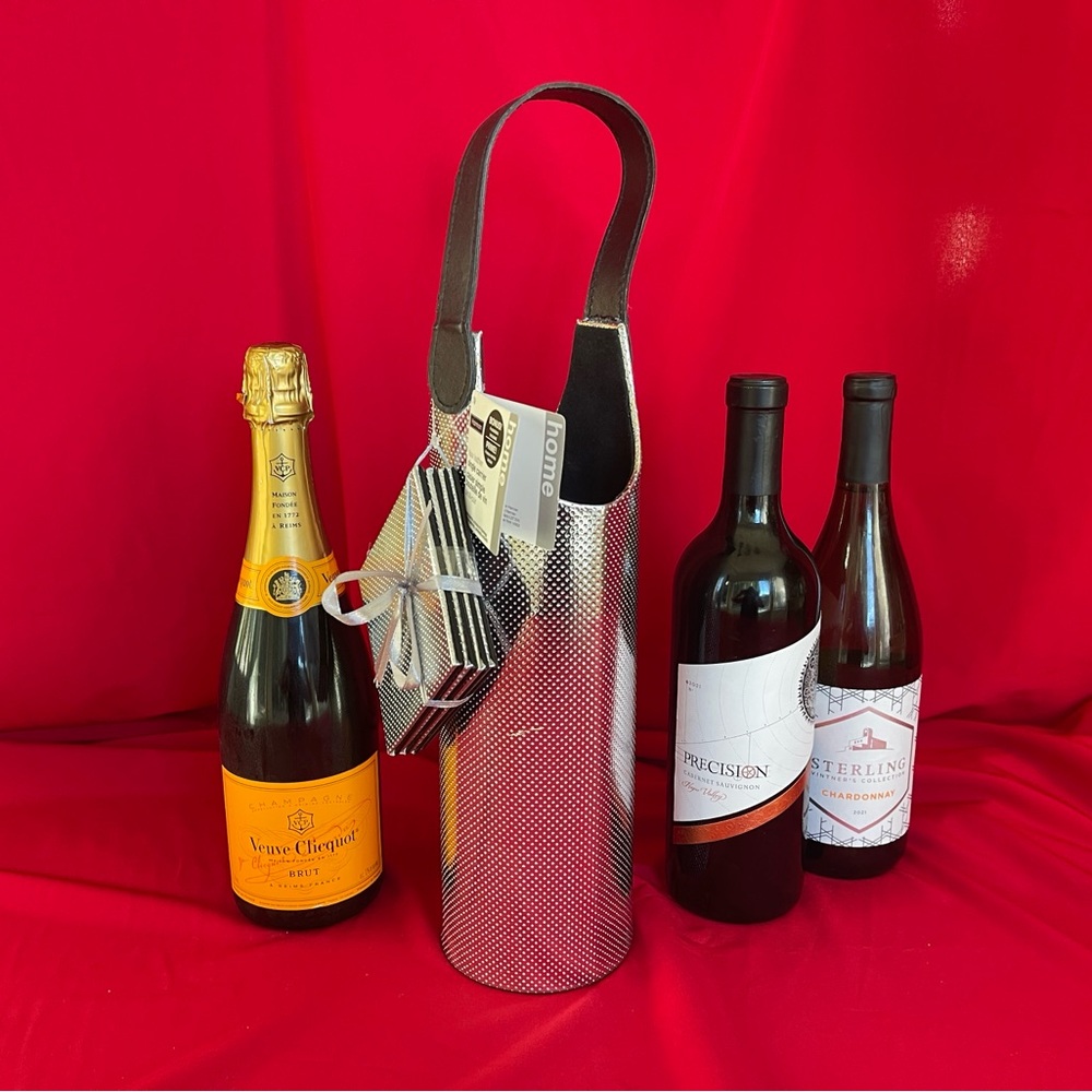 Silver Wine Bottle Carrier for Gifting plus 4 bonus coasters